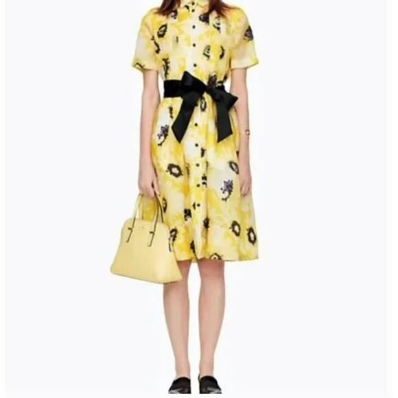 Kate Spade Sunny Daisy Yellow Silk Organza Button Front Shirt Dress Size 0 - Picture 1 of 9